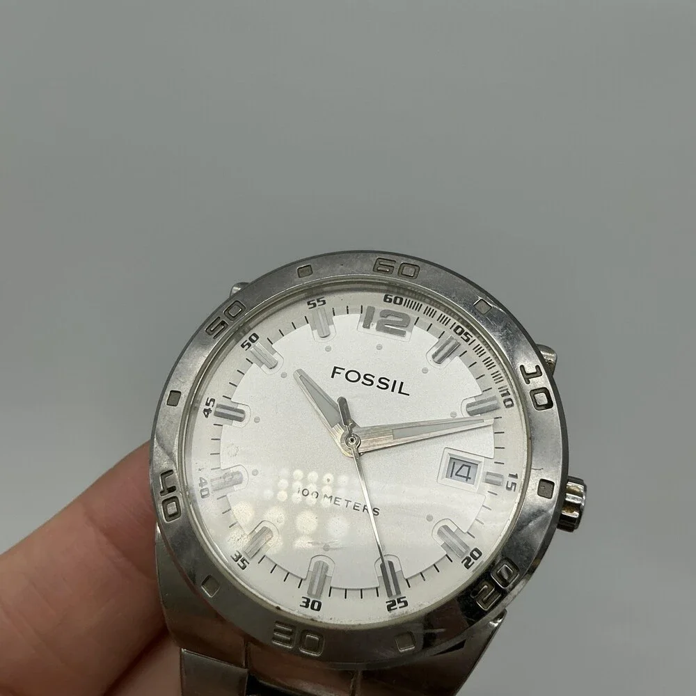 Fossil Blue Mens Watch 39mm Silver Tone Stainless Steel Date New Battery 6.5